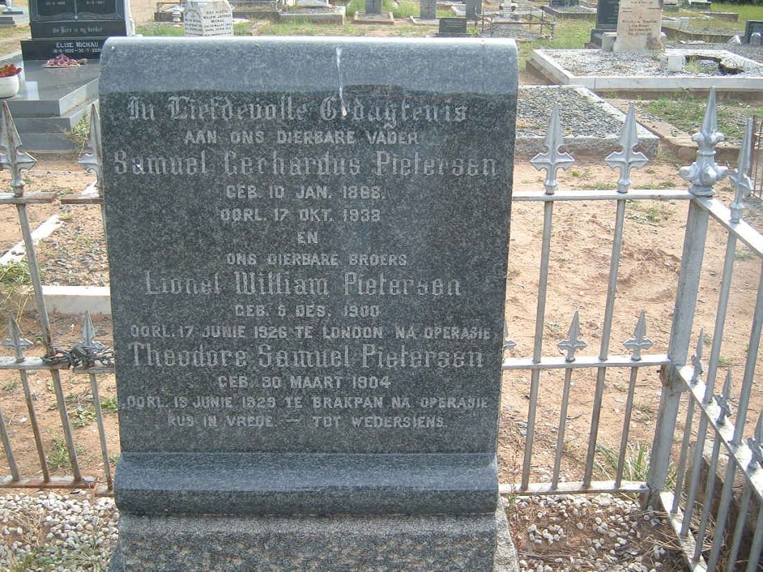 PIETERSEN Samuel Gerhardus 1868-1938 :: PIETERSEN Lionel William 1900-1926 :: PIETERSEN Theodore Samuel 1904-1929