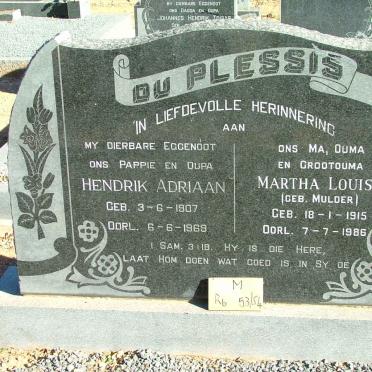 PLESSIS Hendrik Adriaan, du 1907-1969 &amp; Martha Louisa MULDER 1915-1986