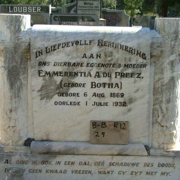 PREEZ Emmerentia A ., du nee BOTHA 1869-1932