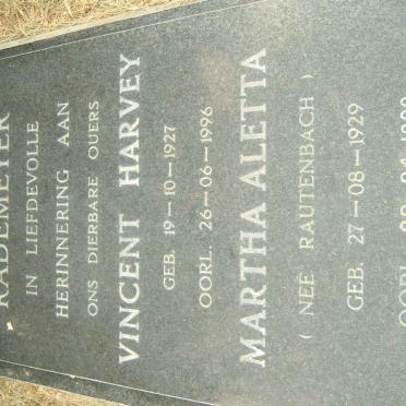 RADEMEYER Vincent Harvey 1927-1996 &amp; Martha Aletta RAUTENBACH 1929-1999