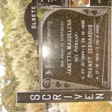 SCRIVEN Brandt Gerhardus 1936-2002 &amp; Janetta Magdelena PIENAAR 1944-1996