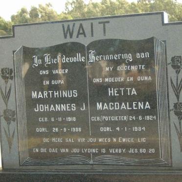 WAIT Marthinus Johannes J. 1918-1988 &amp; Hetta Magdalena POTGIETER 1924-1984