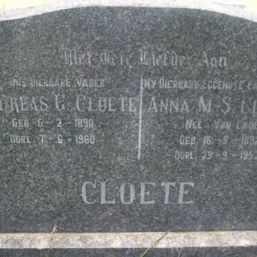 CLOETE Andreas G. 1890-1960 &amp; Anna M.S. VON CAUES 1892-1952