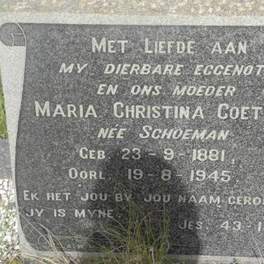 COETZER Maria Christina nee SCHOEMAN 1881-1945