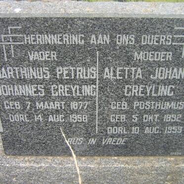 GREYLING Marthinus Petrus Johannes 1877-1958 &amp; Aletta Johanna POSTHUMUS 1892-1959