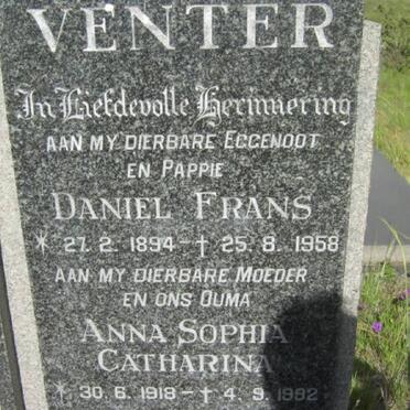 VENTER Daniel Frans 1894-1958 &amp; Anna Sophia Catharina 1918-1992