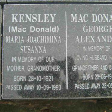 MacDONALD George Alexander 1943-2002 :: KENSLEY Maria Joachimina Susanna nee MacDONALD 1921-1993