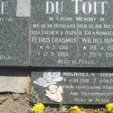 TOIT Petrus Erasmus, du 1915-1984 &amp; Wilhelmina 1925-2001 :: BOSCH Michaela 2001-2001