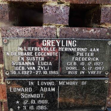 GREYLING Pieter Frederick 1927-1987 &amp; Susanna Lucia VAN ZYL 1927-1985