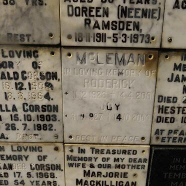 McLEMAN Roderick 1926-2001 &amp; Joy 1927-2004