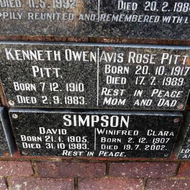 PITT Kenneth Owen 1910-1983 &amp; Avis Rose 1917-1989