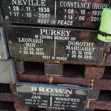 PURSEY Leonard Roy 1917-2000 &amp; Dorothy Margaret 1919-2012