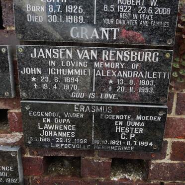 RENSBURG John, Jansen van 1894-1970 &amp; Alexandra 1903-1993