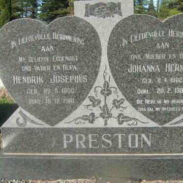 PRESTON Hendrik Josephus 1900-1981 &amp; Johanna Hermina 1902-1983