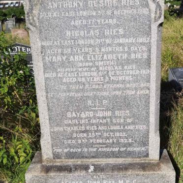 RIES Nicolas -1892 & Mary Ann Elizabeth SMITH -1911 :: RIES Anthony Desire -1883 ::  RIES Bayard John 1922-1923 :: RIES Alfred John -1937