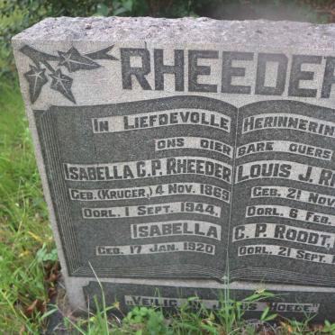 RHEEDER Louis J. 1869-1939 &amp; Isabella C.P. KRUGER 1869-1944 :: RHEEDER Isabella C.P. ROODT 1920-1920