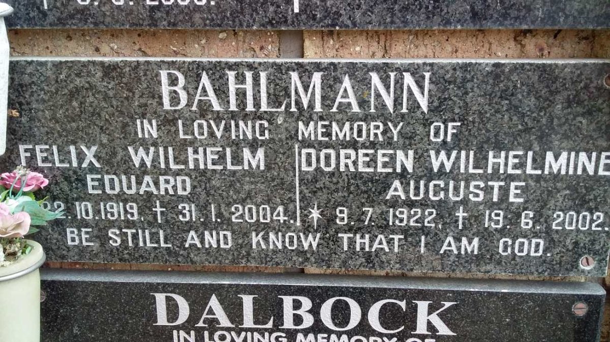 BAHLMANN Felix Wilhelm Eduard 1919-2004 &amp; Doreen Wilhelmine Auguste 1922-2002