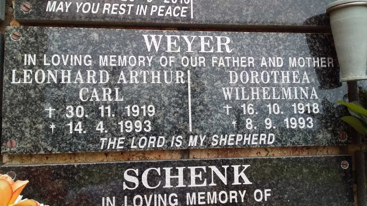 WEYER Leonhard Arthur Carl 1919-1993 & Dorothea Wilhelmina 1918-1993