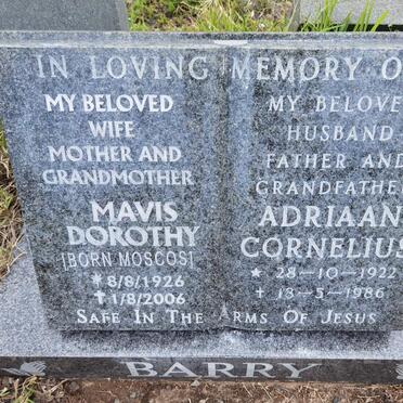 BARRY Adriaan Cornelius 1922-1986 &amp; Mavis Dorothy MOSCOS 1926-2006