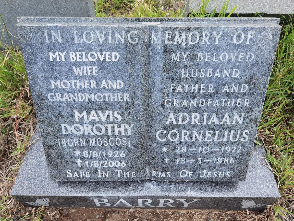 BARRY Adriaan Cornelius 1922-1986 &amp; Mavis Dorothy MOSCOS 1926-2006