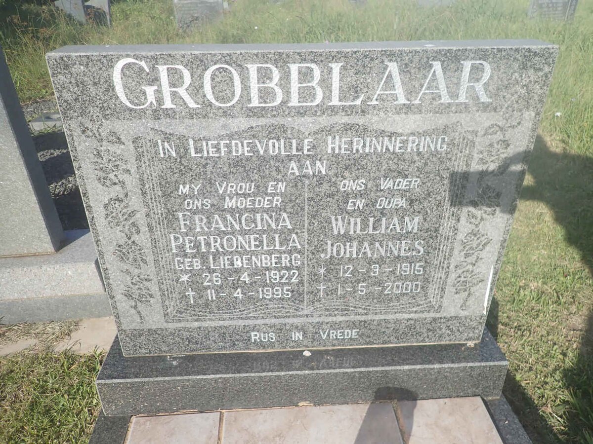 GROBBLAAR William Johannes 1915-2000 &amp; Francina Petronella LIEBENBERG 1922-1995