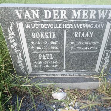 MERWE Paul, van der 1943-1992 &amp; Bokkie 1947-2014 :: VAN DER MERWE Riaan 1970-2005