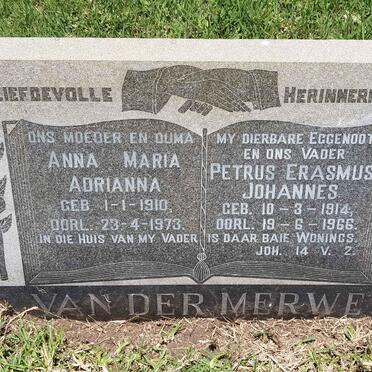 MERWE Petrus Erasmus Johannes, van der 1914-1966 &amp; Anna Maria Adrianna 1910-1973