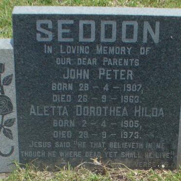 SEDDON John Peter 1907-1963 &amp; Aletta Dorothea Hilda 1905-1973