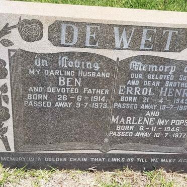 WET Ben, de 1914-1973 :: DE WET Errol Henry 1949-1966 :: DE WET Marlene 1946-1977