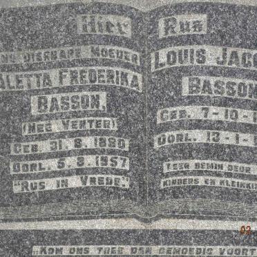 BASSON Louis Jacobus 1870-1940 &amp; Aletta Frederika VENTER 1880-1957