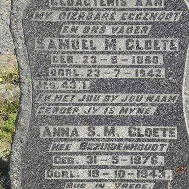 CLOETE Samuel M. 1868 -1942 &amp; Anna S.M. BEZUIDENHOUDT 1876-1943