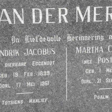 MERWE Hendrik Jacobus, van der 1899-1961 &amp; Martha Cornelia POSTHUMUS 1906-2002