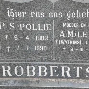 ROBBERTSE P.S. 1903-1990 &amp; A.M. WATKINS 1911-1994