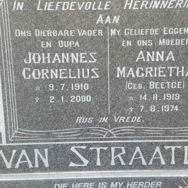 STRAATEN Johannes Cornelius, van 1910-2000 &amp; Anna Magrietha BEETGE 1919-1974