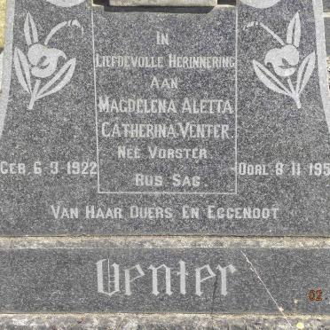 VENTER Magdelena Aletta Catherina nee VORSTER 1922-1956