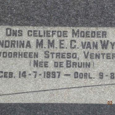 WYK Hendrina M.M.E.G., van formerly STRESO formerly VENTER nee DE BRUIN 1897-1967