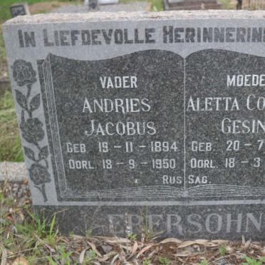EBERSOHN Andries Jacobus 1894-1950 &amp; Aletta Cornelia Gesina 1892-1960 