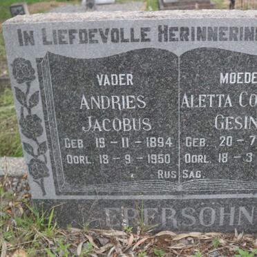 EBERSOHN Andries Jacobus 1894-1950 &amp; Aletta Cornelia Gesina 1892-1960 