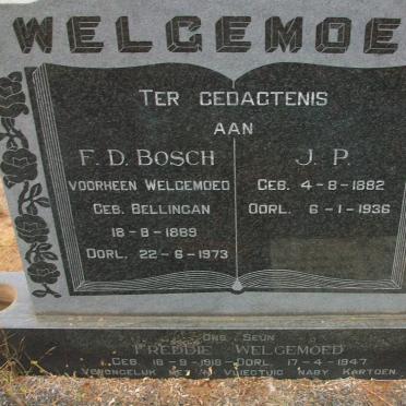 WELGEMOED J.P. 1882-1936 &amp; F.D. BOSCH voorheen WELGEMOED nee BELLINGAN 1889-1973