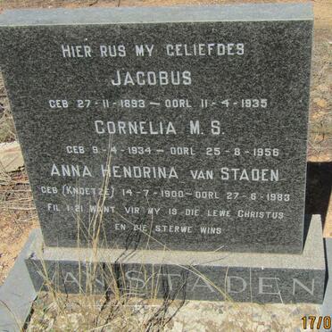 STADEN Jacobus 1893-1935, van &amp; Anna Hendrina KNOETZE 1900-1983 ::  VAN STADEN Cornelia M.S. 1934-1956