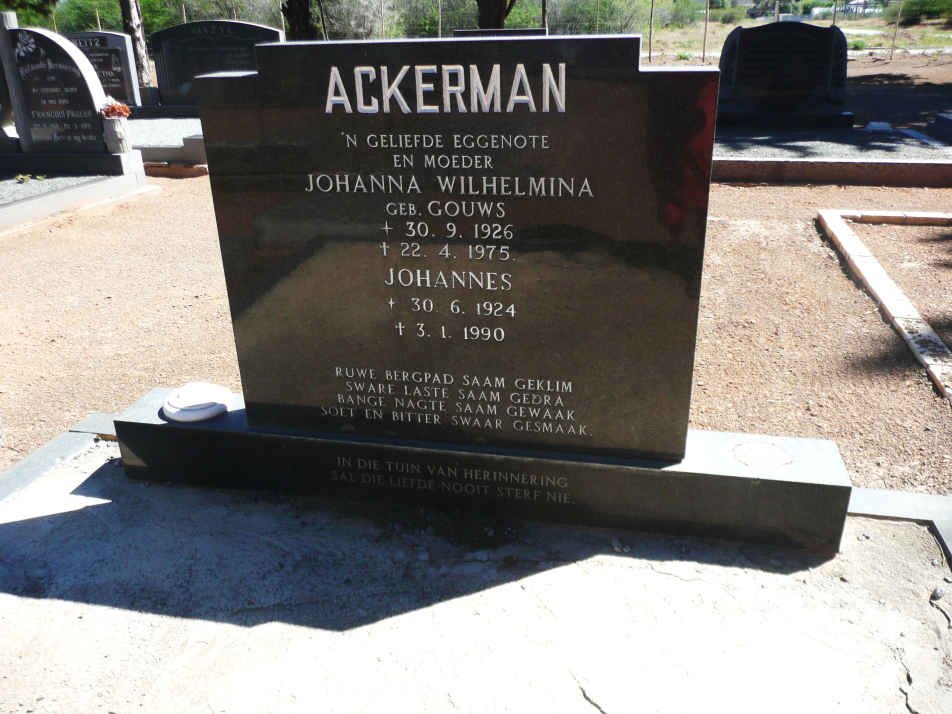 ACKERMAN Johannes 1924-1990 &amp; Johanna Wilhelmina GOUWS 1926-1975