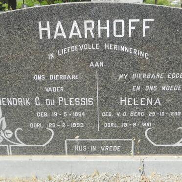 HAARHOFF Hendrik C. Du Plessis 1894-1993 &amp; Helena V.D. BERG 1893-1981