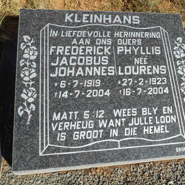 KLEINHANS Frederik Jacobus Johannes 1919-2004 &amp; Phyllis LOURENS 1923-2004