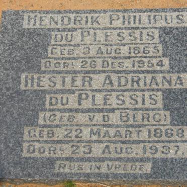 PLESSIS Hendrik Philipus, du 1865-1954 &amp; Hester Adriana V.D. BERG 1868-1937