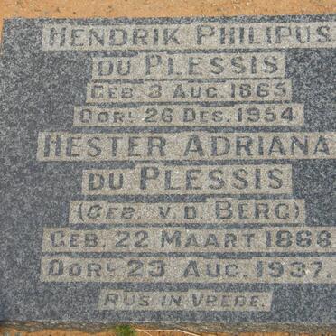 PLESSIS Hendrik Philipus, du 1865-1954 &amp; Hester Adriana V.D. BERG 1868-1937