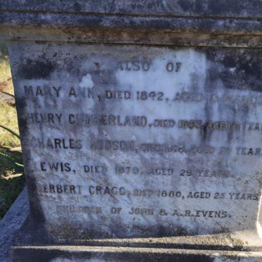 EVANS Mary Ann -1842 :: EVANS Henry Cumberland -1853 :: EVENS Charles Hudson -1876 :: EVANS Lewis -1879 :: EVANS Herbert Cragg -1880