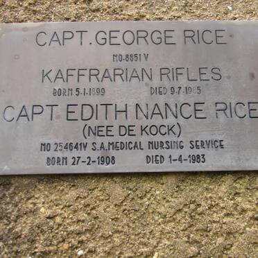 RICE George 1899-1985 &amp; Edith Nance DE KOCK 1908-1983