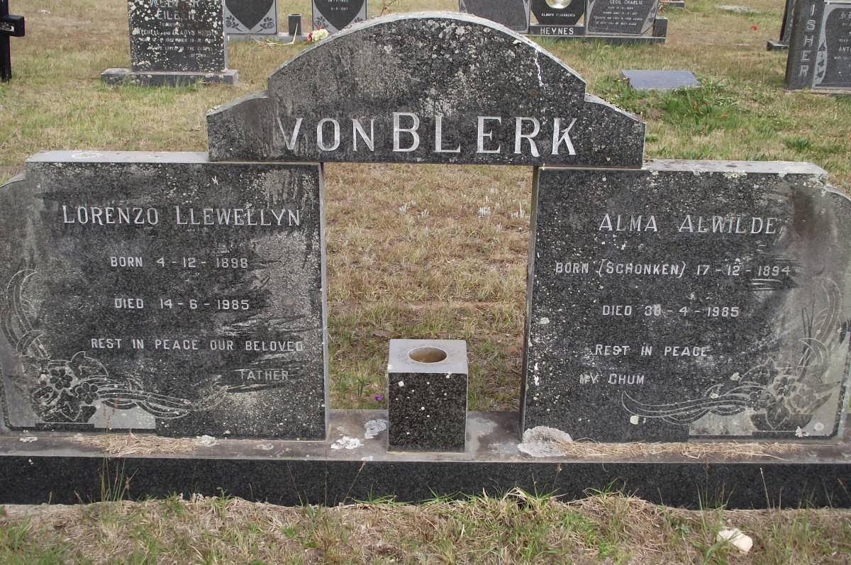 BLERK Lorenzo Llewellyn, von 1898-1985 &amp; Alma Alwilde SCHONKEN 1894-1985