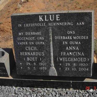KLUE Cecil Bernardus 1907-1979 &amp; Anna Francina WELGEMOED 1920-2004