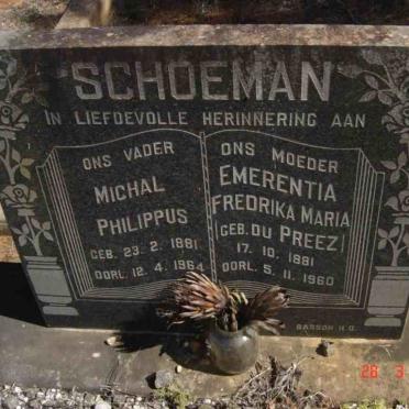 SCHOEMAN Michal Philippus 1881-1964 &amp; Emerentia Fredrika Maria DU PREEZ 1881-1960